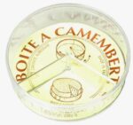 A round clear container with partitions for storing Camembert cheese