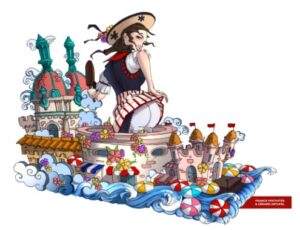 Nice Carnaval 2026 float drawing featuring legend Catherine Segurane, and Jeanne Augier of the Hotel Negreco